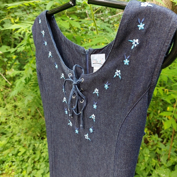 Vtg Embroidered Denim Maxi Dress Large - Picture 3 of 6